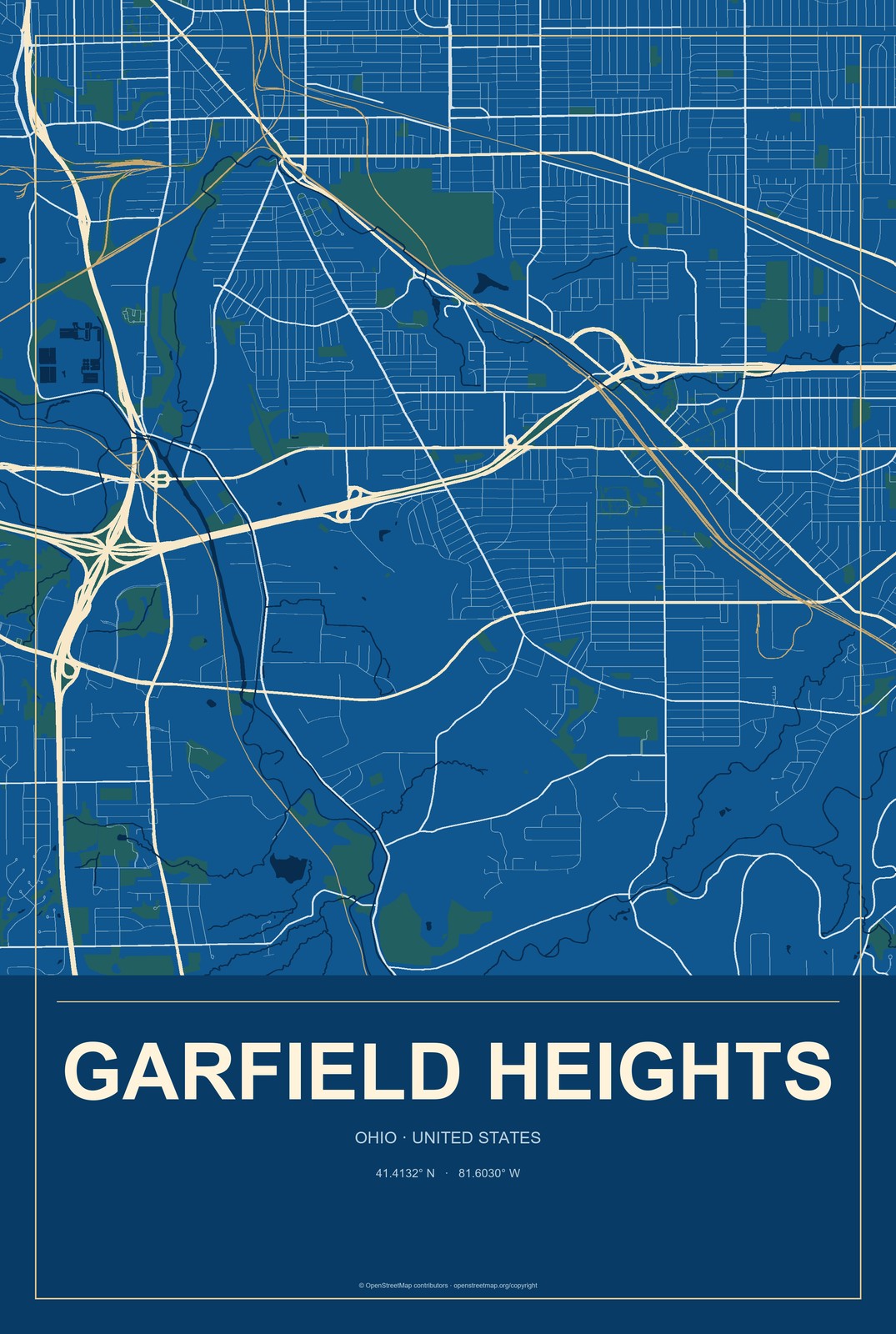 Garfield Heights, Ohio City Map Aluminum Sign in Harbor Cobalt style