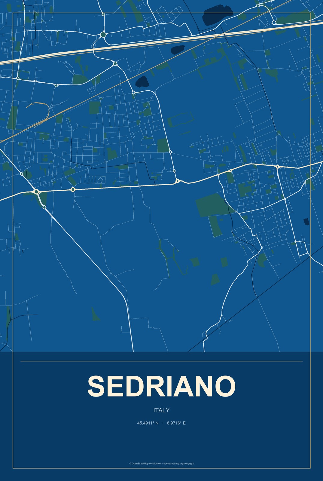 Sedriano, Italy City Map Aluminum Sign in Harbor Cobalt style
