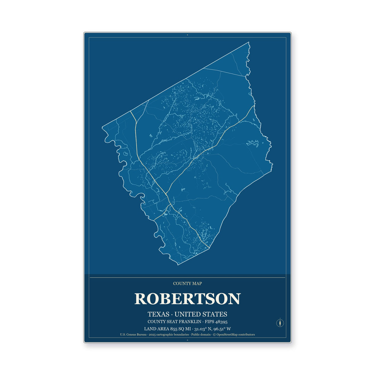 Robertson County, Texas Map Aluminum Sign in Harbor Cobalt style