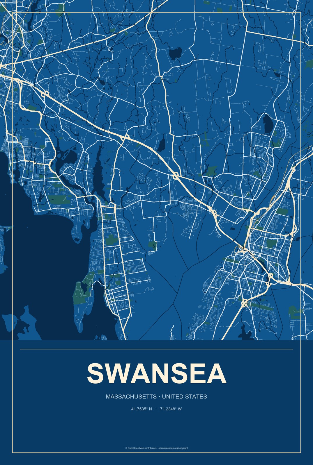 Swansea, Massachusetts City Map Aluminum Sign in Harbor Cobalt style