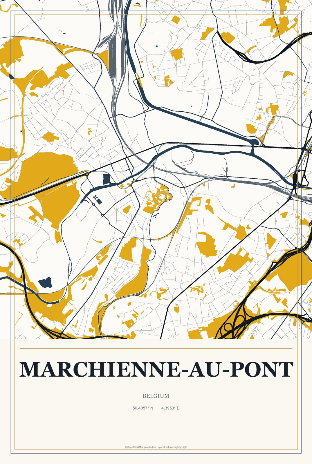 Marchienne-au-Pont, Belgium City Map Aluminum Sign in Citrine Modern style