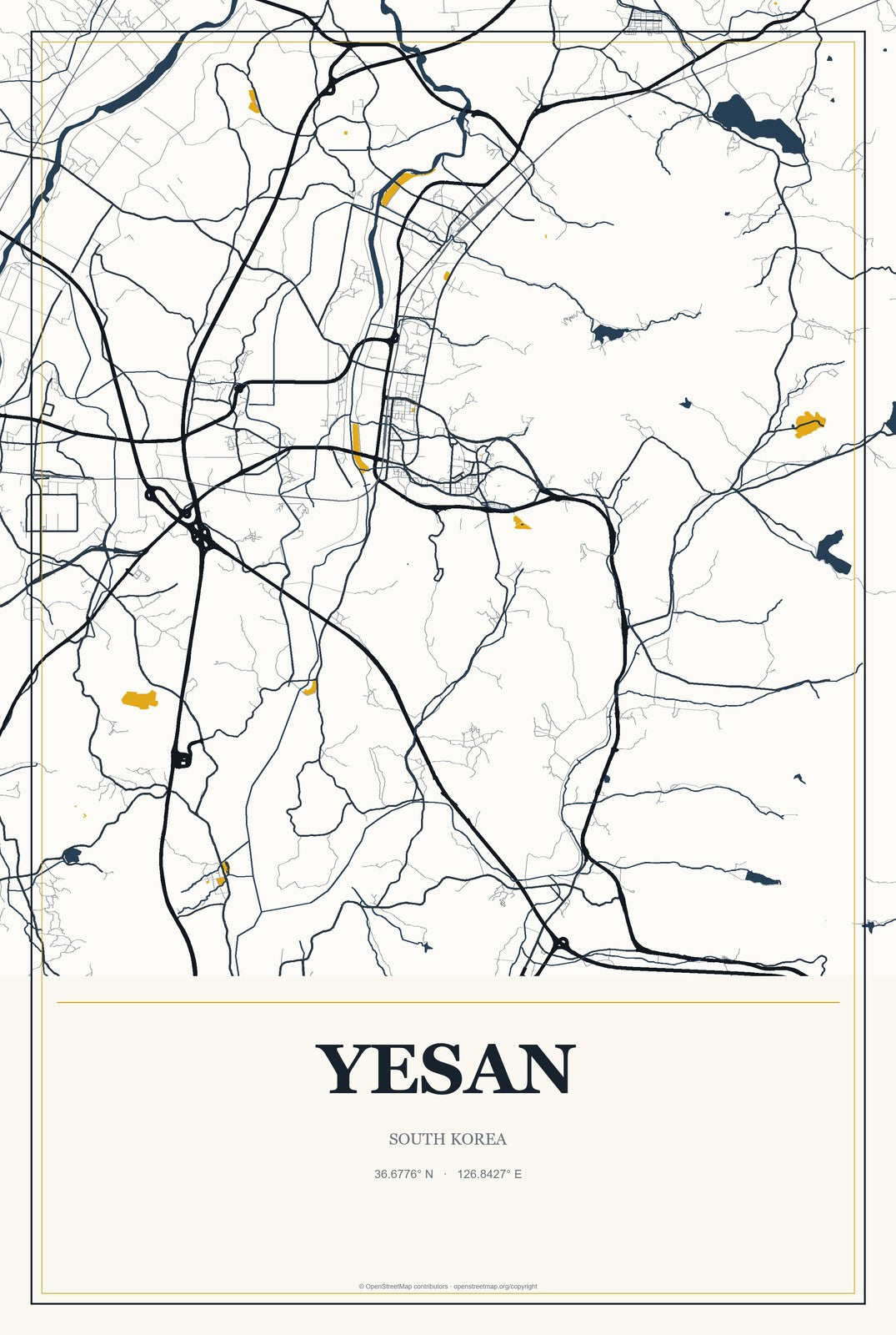Yesan, South Korea City Map Aluminum Sign in Citrine Modern style