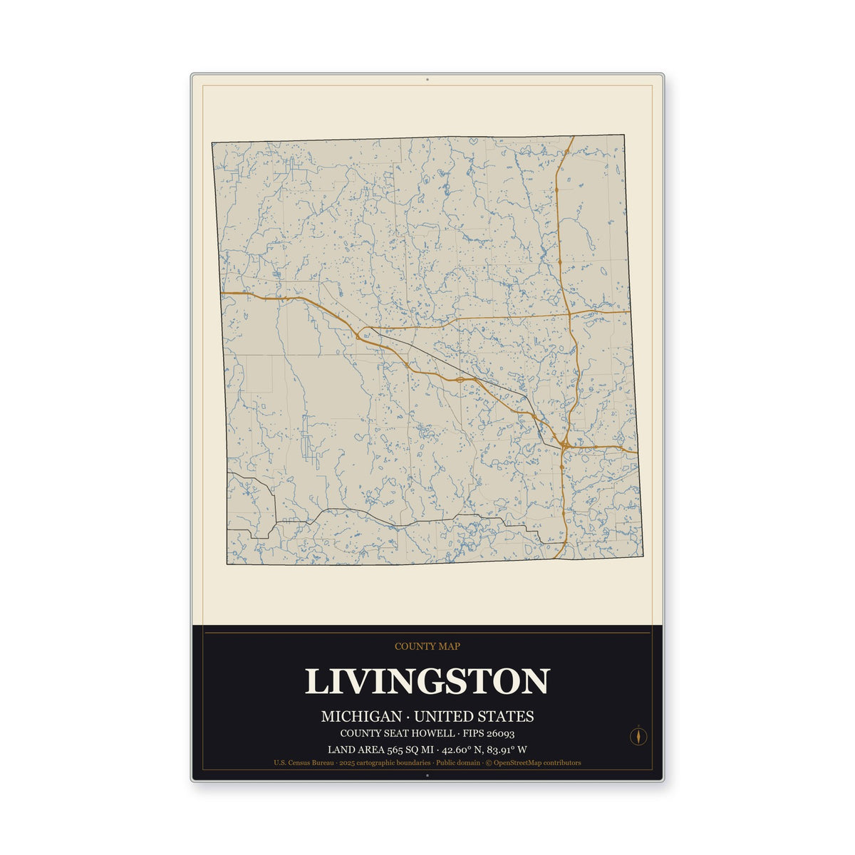 Livingston County, Michigan Map Aluminum Sign in Museum Plaque style