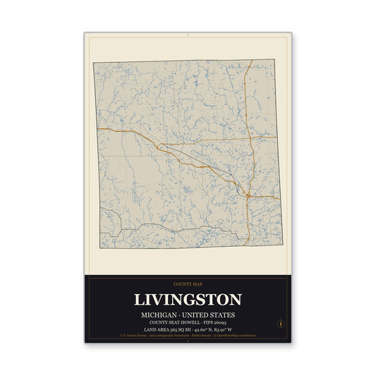 Livingston County, Michigan Map Aluminum Sign in Museum Plaque style