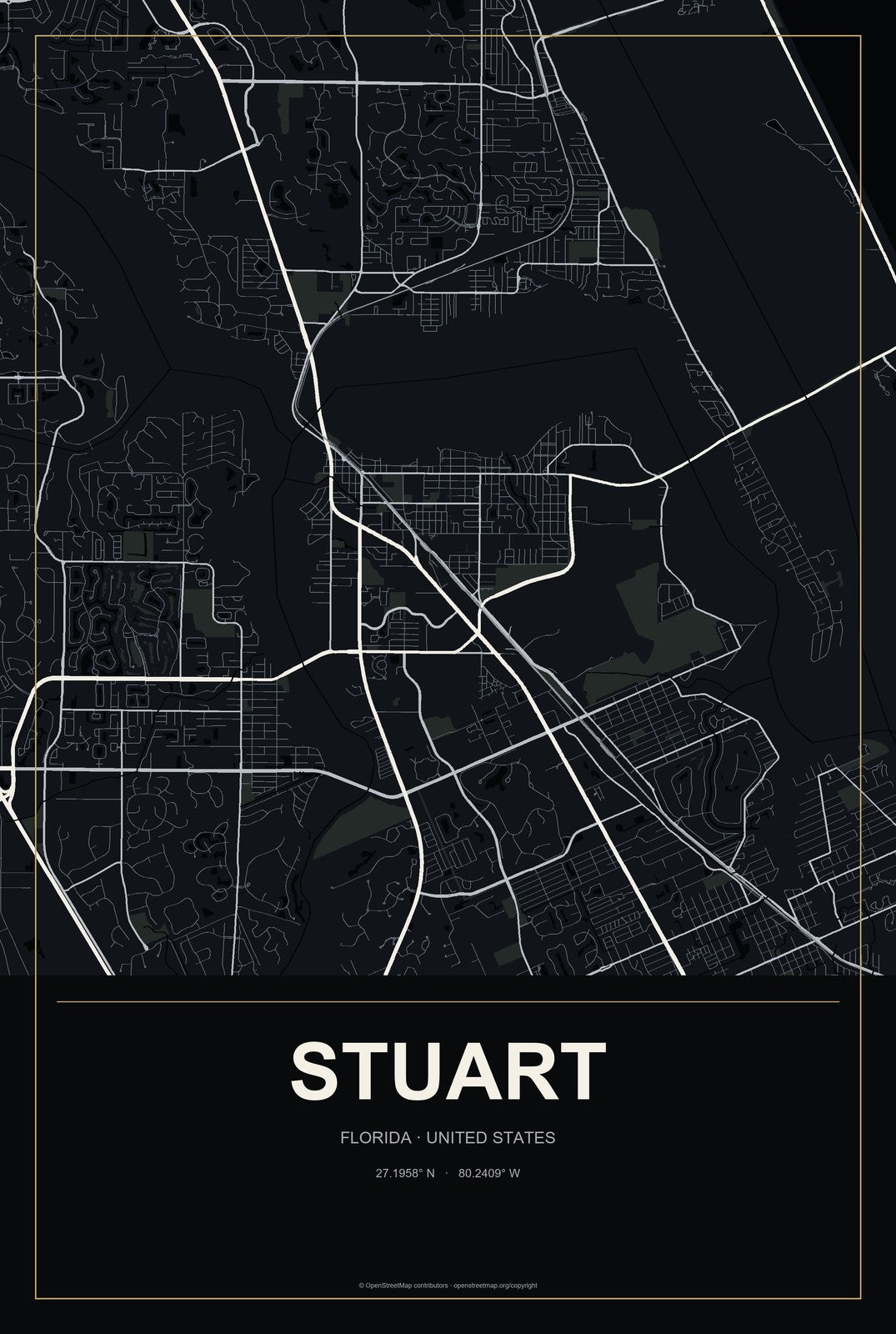 Stuart, Florida City Map Aluminum Sign in Metropolitan Noir style