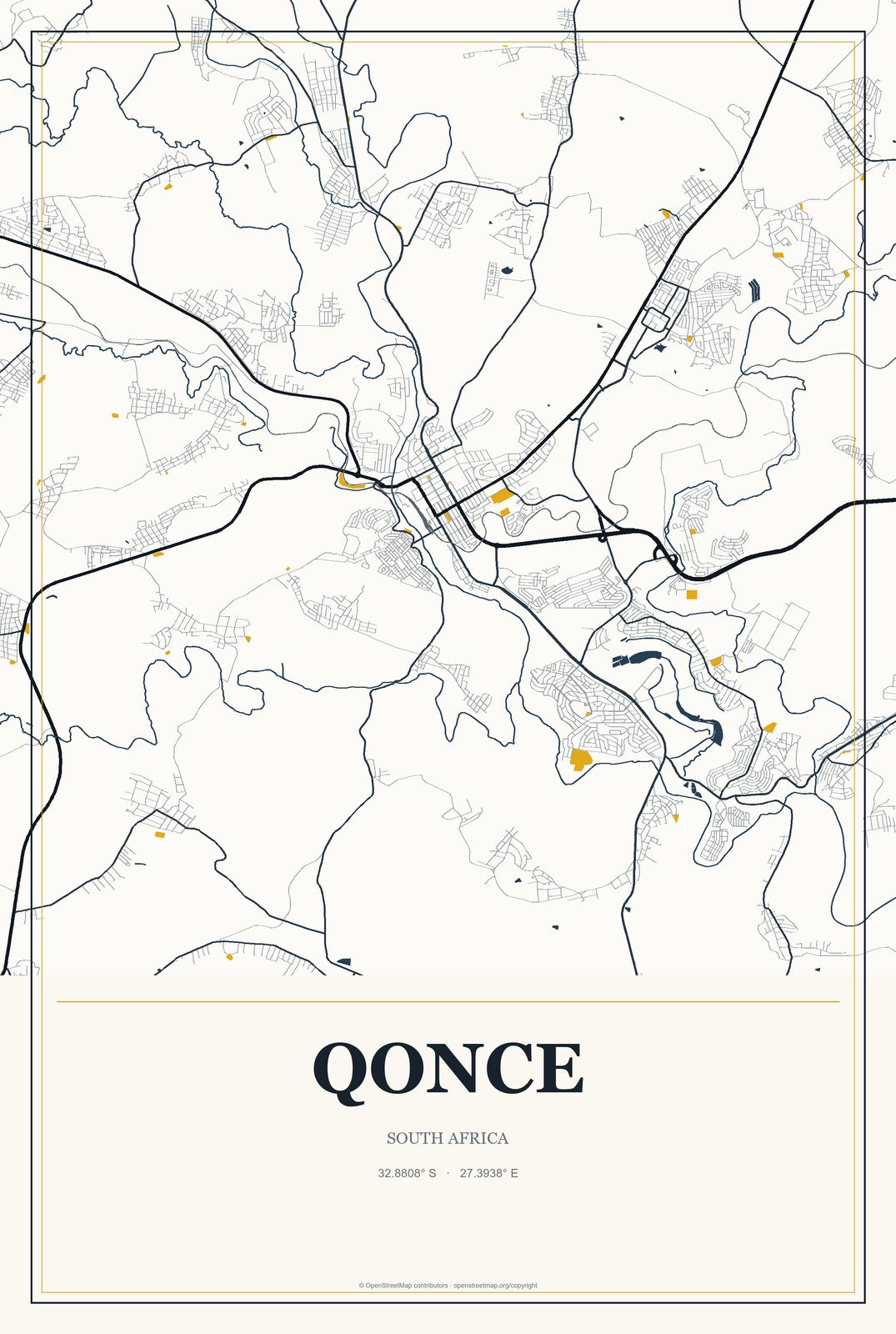 Qonce, South Africa City Map Aluminum Sign in Citrine Modern style