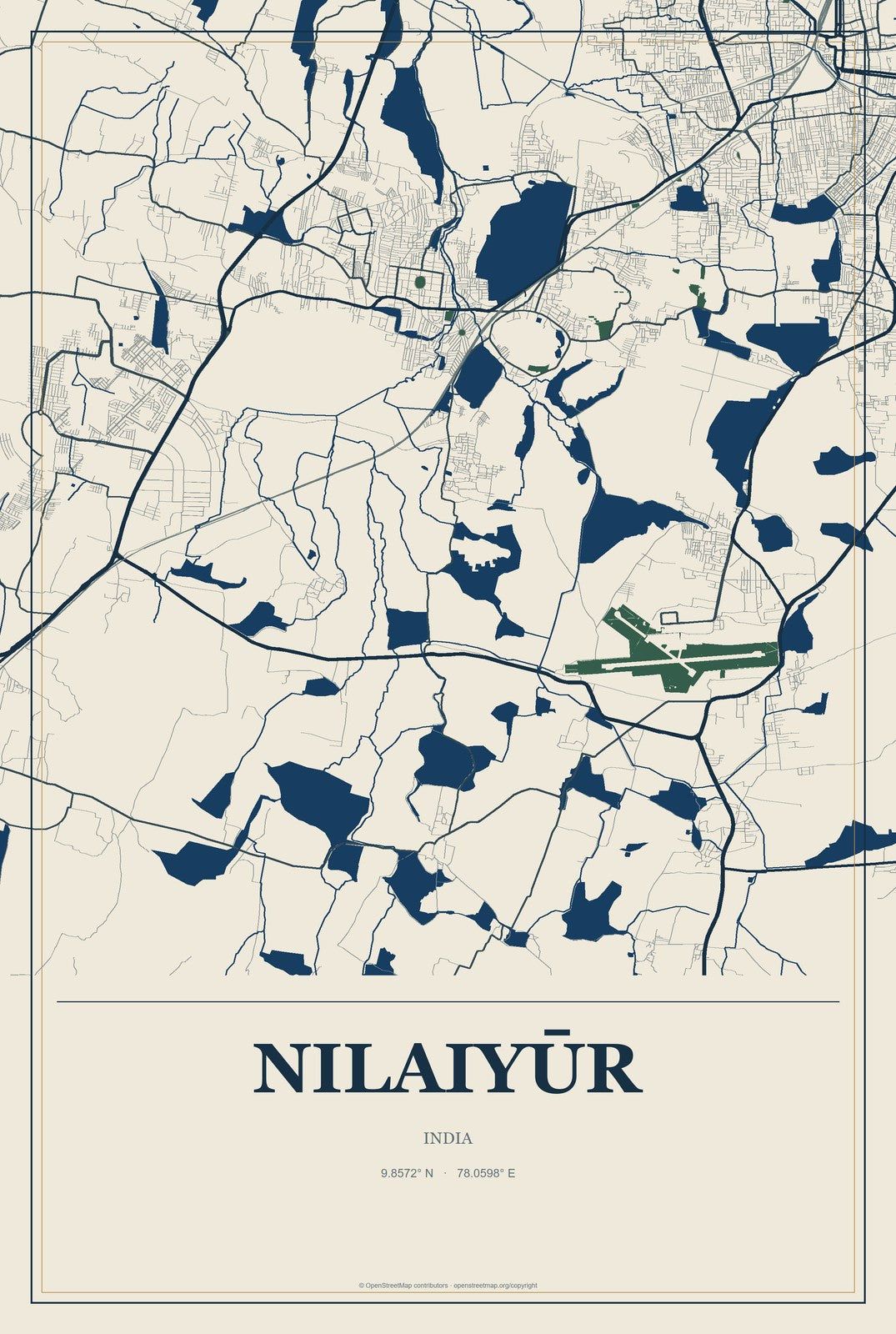 Nilaiyūr, India City Map Aluminum Sign in Coastal Cutout style