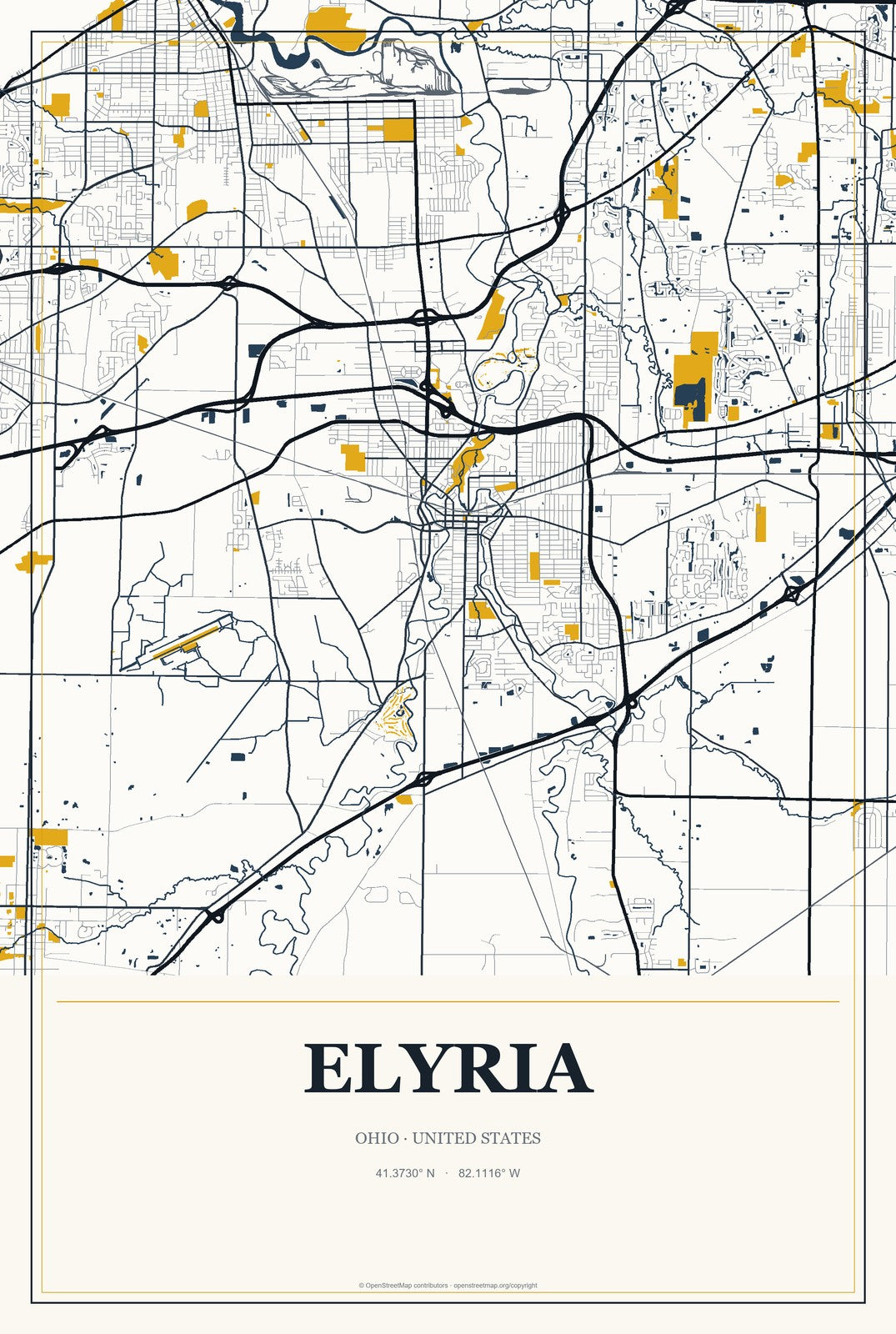 Elyria, Ohio City Map Aluminum Sign in Citrine Modern style