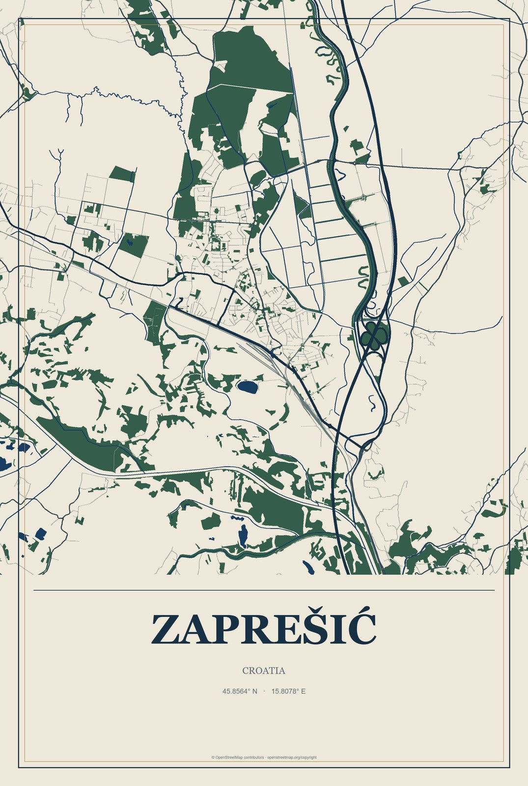 Zaprešić, Croatia City Map Aluminum Sign in Coastal Cutout style