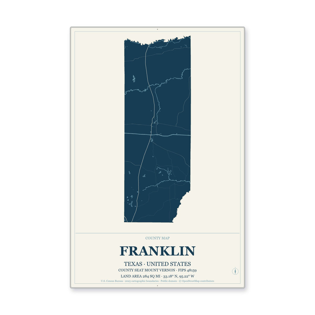 Franklin County, Texas Map Aluminum Sign in Coastal Cutout style