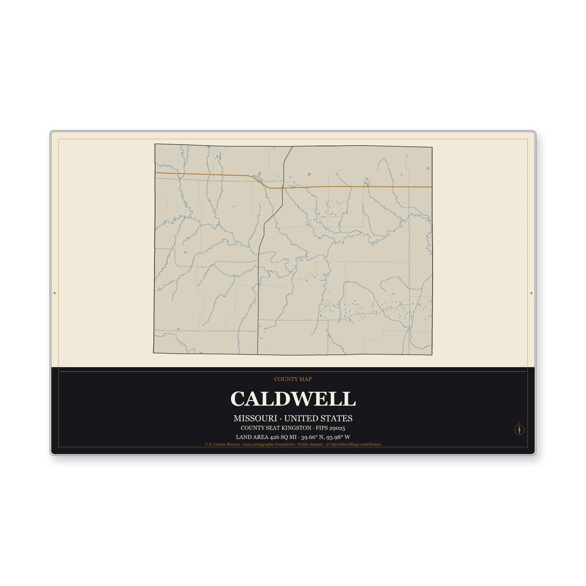 Caldwell County, Missouri Map Aluminum Sign in Museum Plaque style