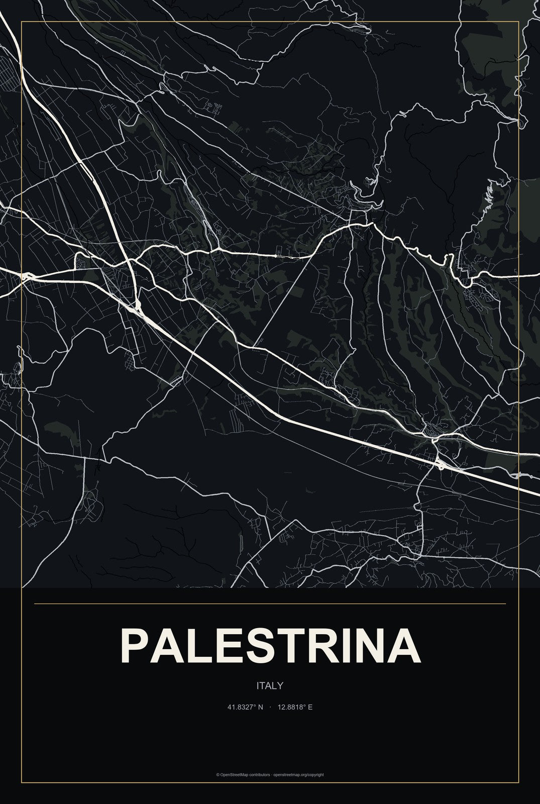 Palestrina, Italy City Map Aluminum Sign in Metropolitan Noir style
