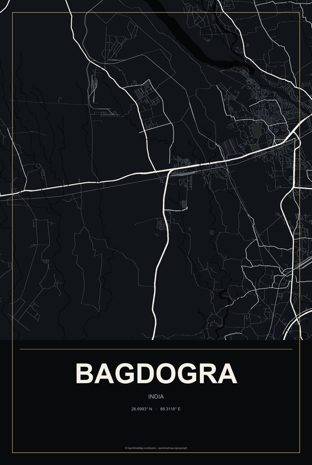 Bagdogra, India City Map Aluminum Sign in Metropolitan Noir style