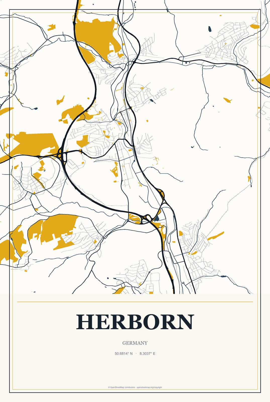 Herborn, Germany City Map Aluminum Sign in Citrine Modern style