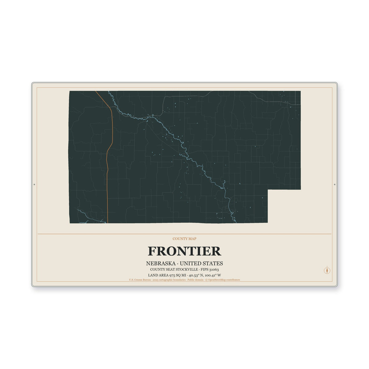 Frontier County, Nebraska Map Aluminum Sign in Headline Atlas style