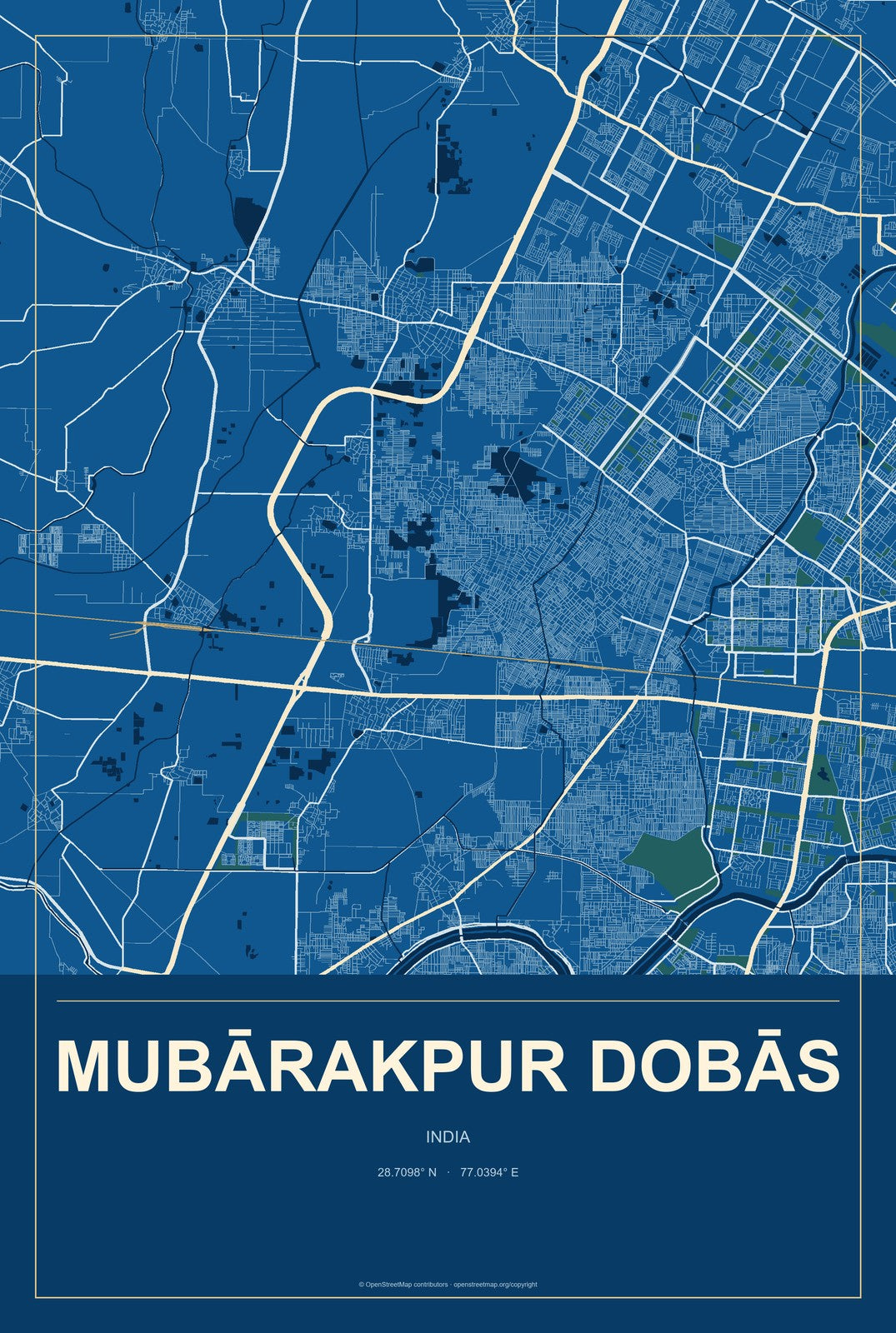 Mubārakpur Dobās, India City Map Aluminum Sign in Harbor Cobalt style