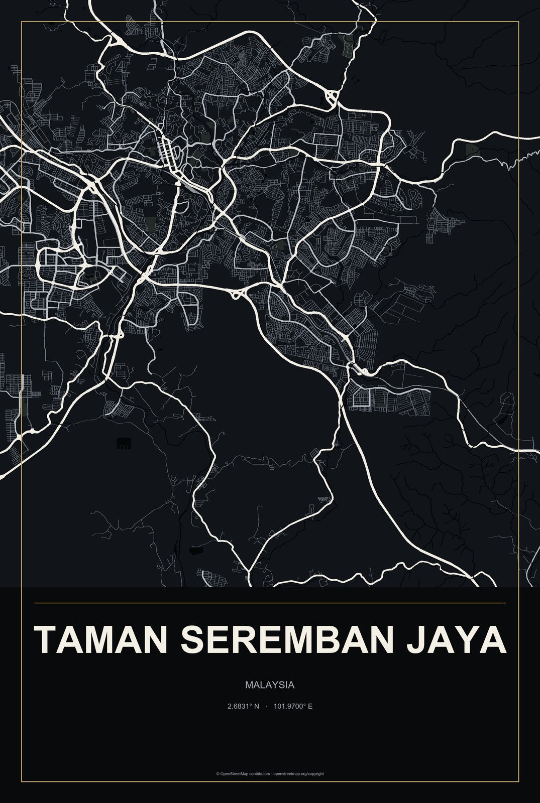 Taman Seremban Jaya, Malaysia City Map Aluminum Sign in Metropolitan Noir style