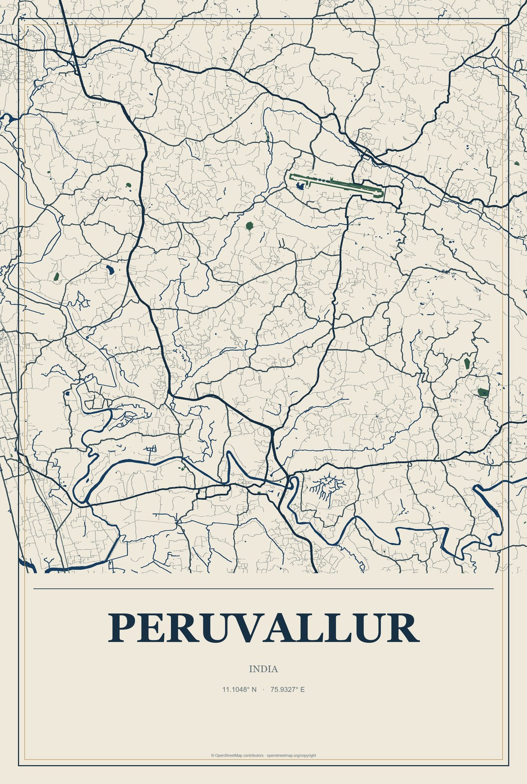 Peruvallur, India City Map Aluminum Sign in Coastal Cutout style