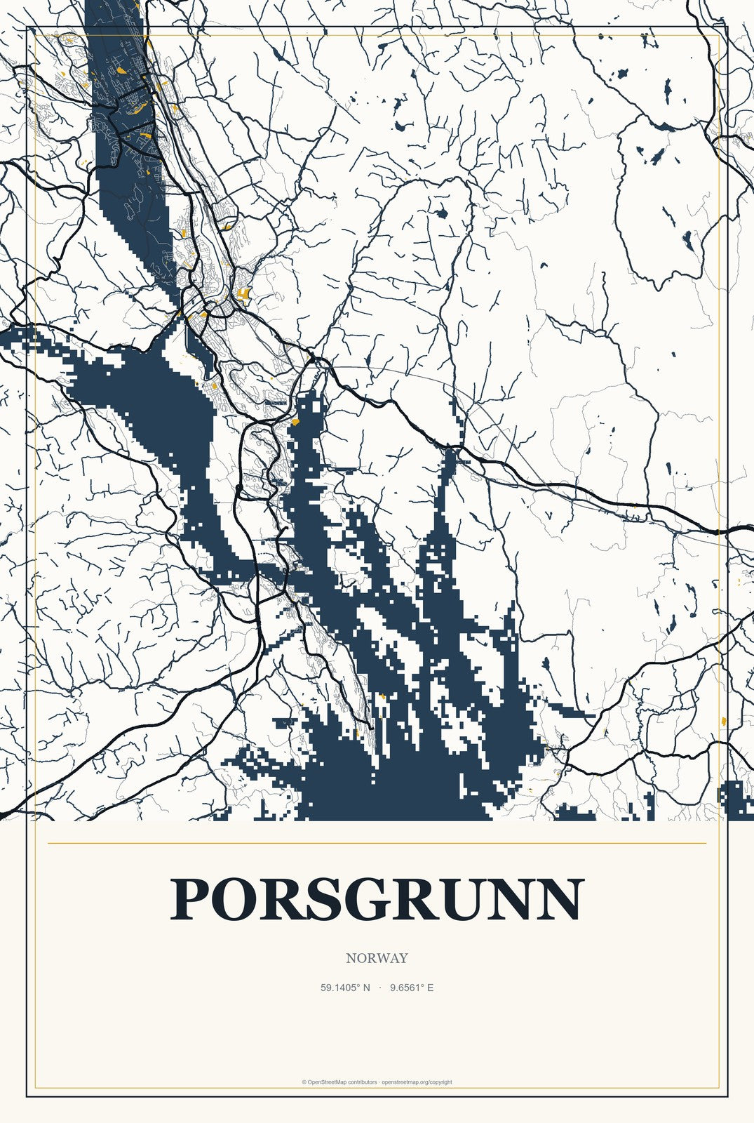 Porsgrunn, Norway City Map Aluminum Sign in Citrine Modern style