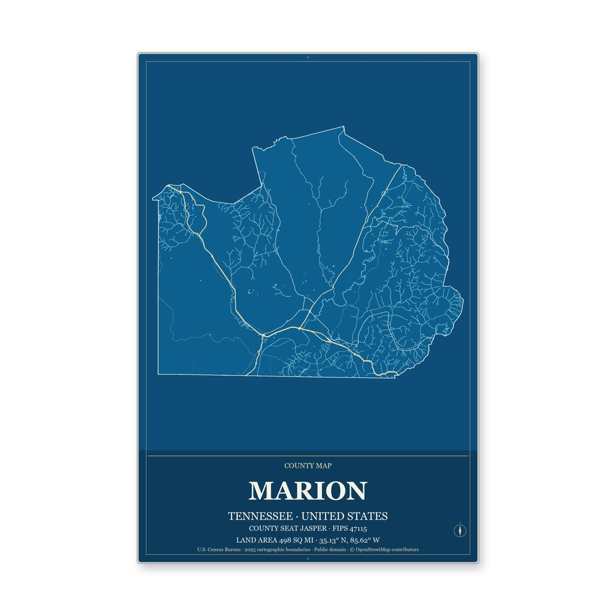 Marion County, Tennessee Map Aluminum Sign in Harbor Cobalt style