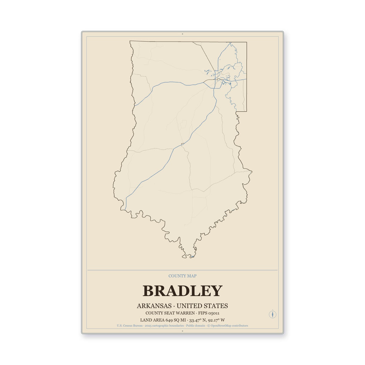 Bradley County, Arkansas Map Aluminum Sign in Heritage Nautical style