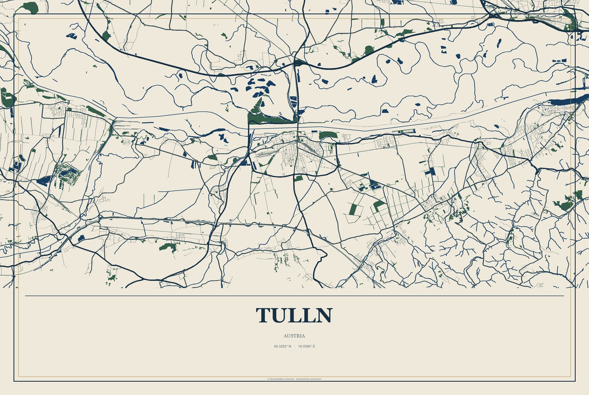 Tulln, Austria City Map Aluminum Sign in Coastal Cutout style