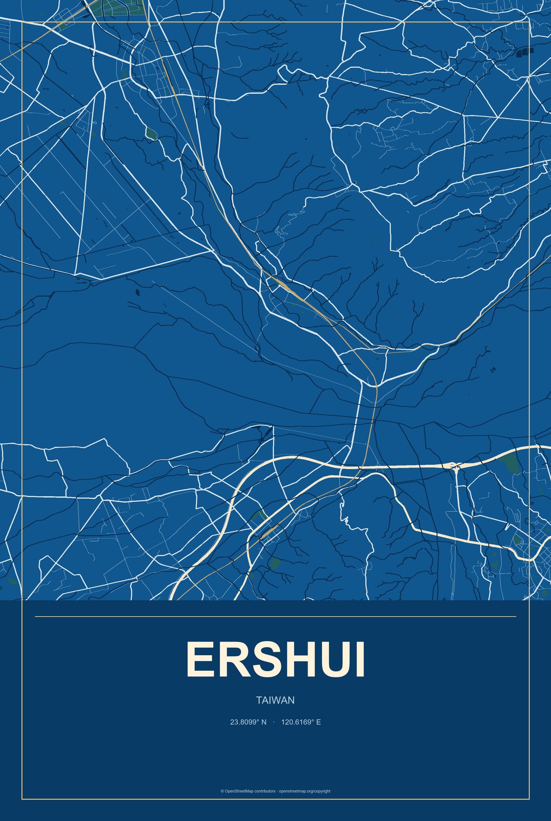 Ershui, Taiwan City Map Aluminum Sign in Harbor Cobalt style