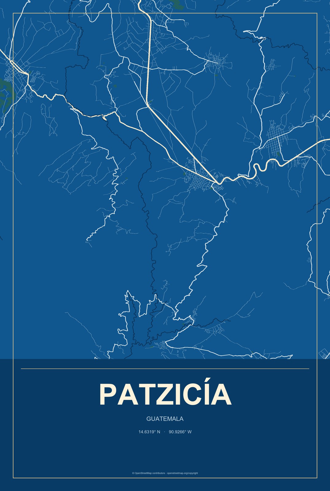 Patzicía, Guatemala City Map Aluminum Sign in Harbor Cobalt style