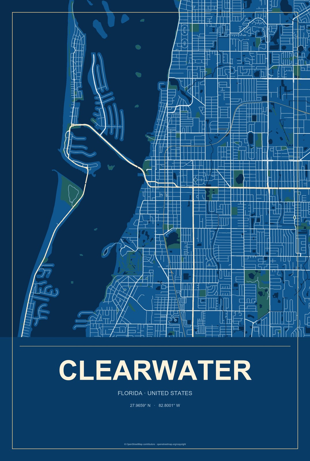 Clearwater, Florida City Map Aluminum Sign in Harbor Cobalt style
