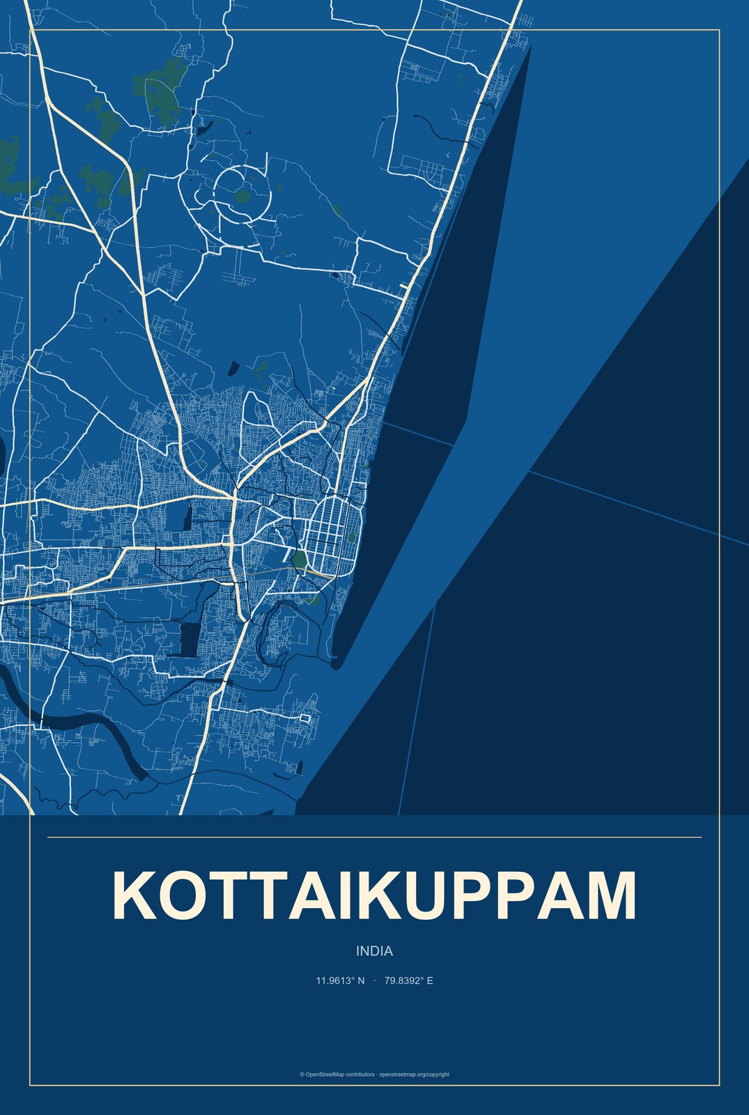 Kottaikuppam, India City Map Aluminum Sign in Harbor Cobalt style