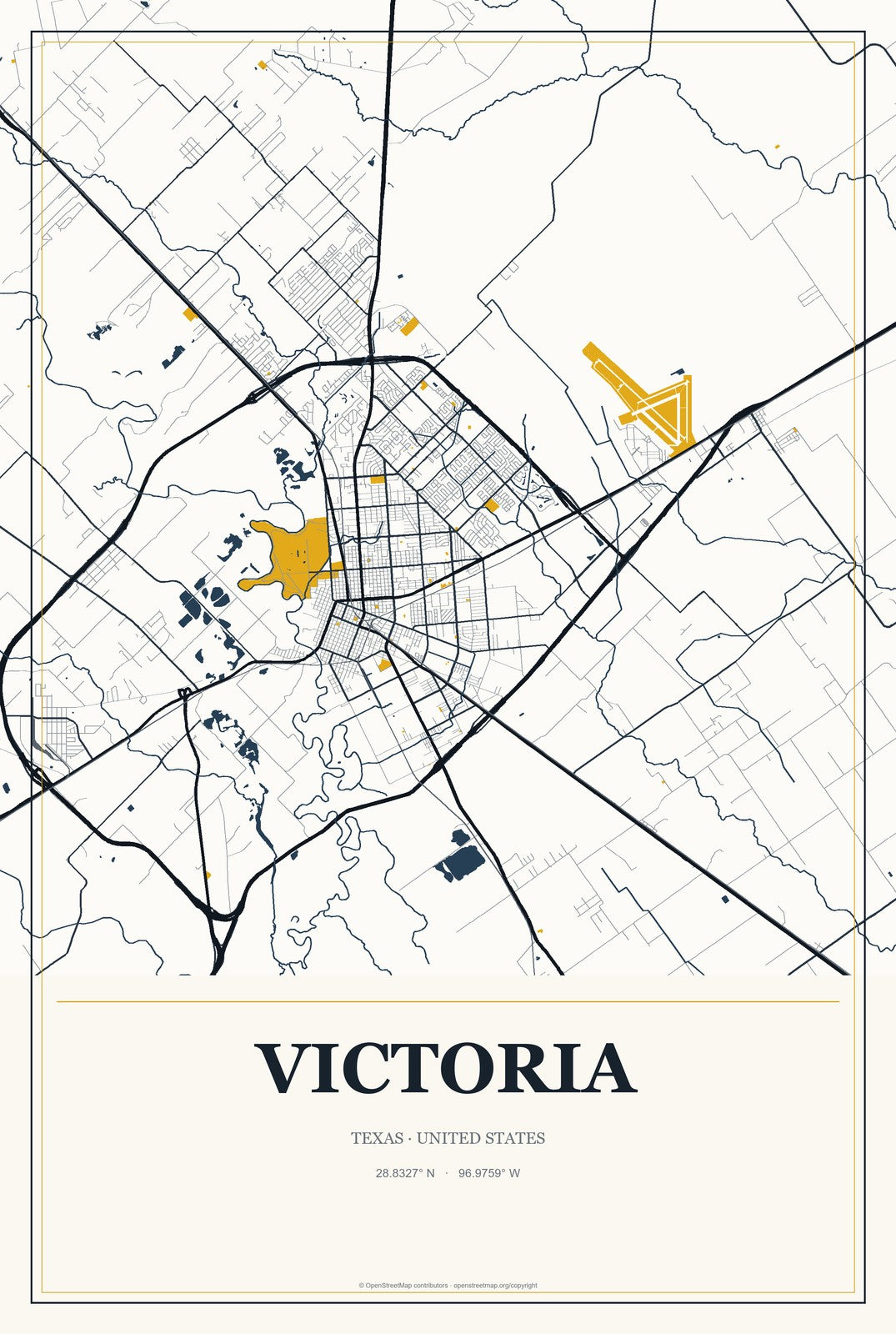Victoria, Texas City Map Aluminum Sign in Citrine Modern style