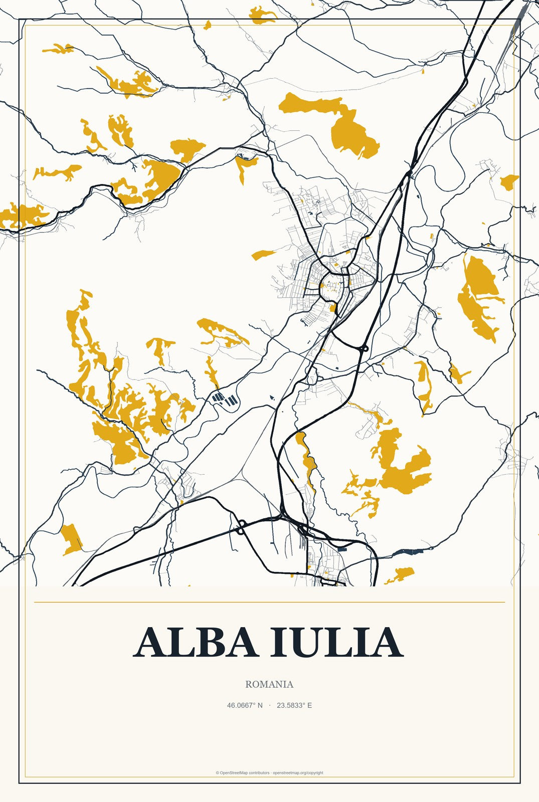 Alba Iulia, Romania City Map Aluminum Sign in Citrine Modern style