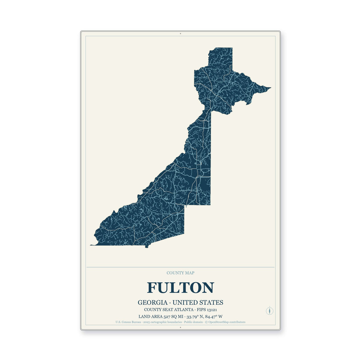 Fulton County, Georgia Map Aluminum Sign in Coastal Cutout style
