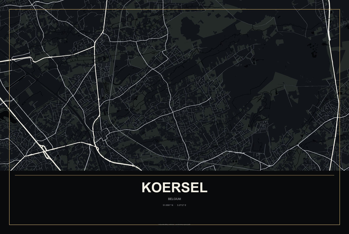 Koersel, Belgium City Map Aluminum Sign in Metropolitan Noir style
