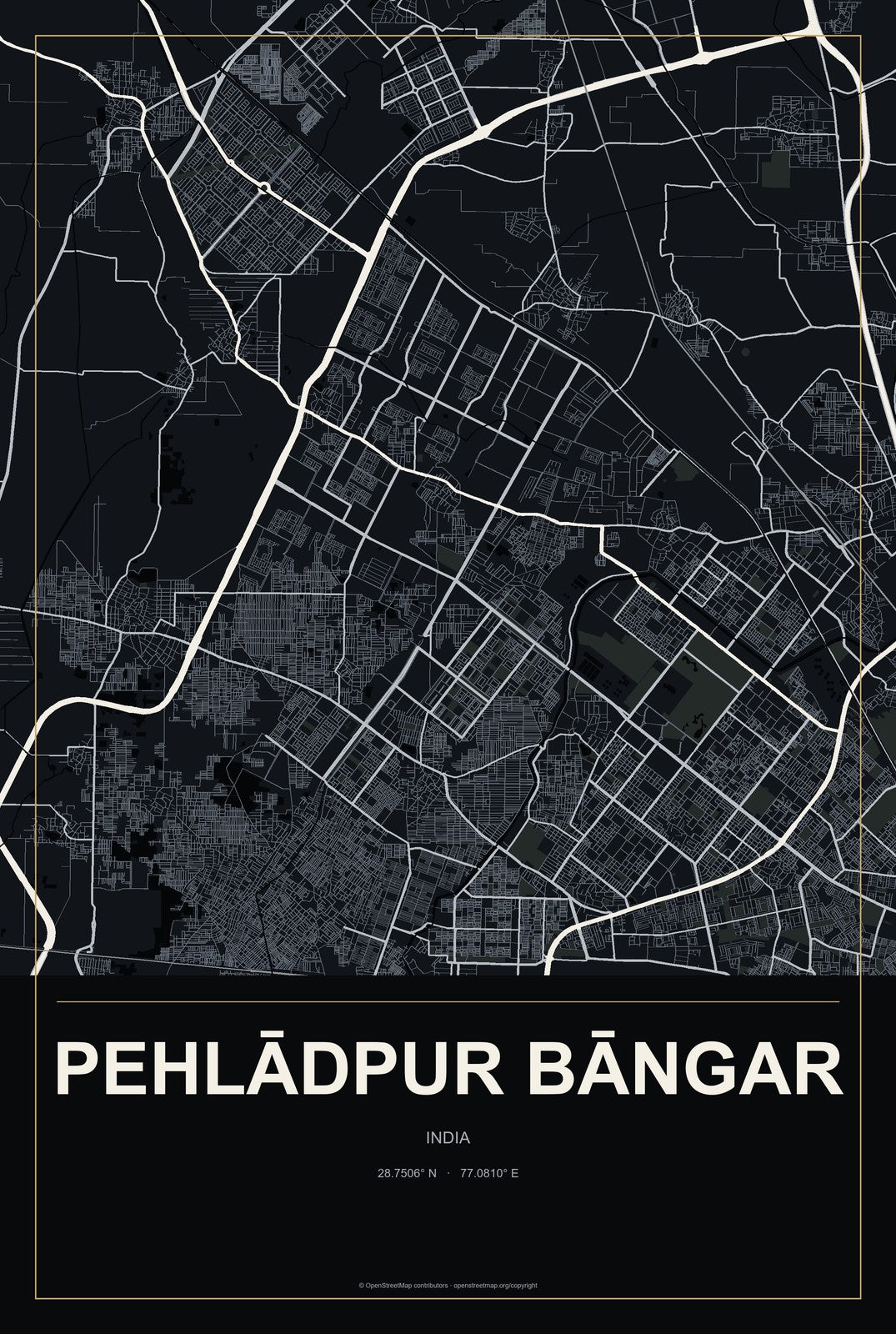 Pehlādpur Bāngar, India City Map Aluminum Sign in Metropolitan Noir style