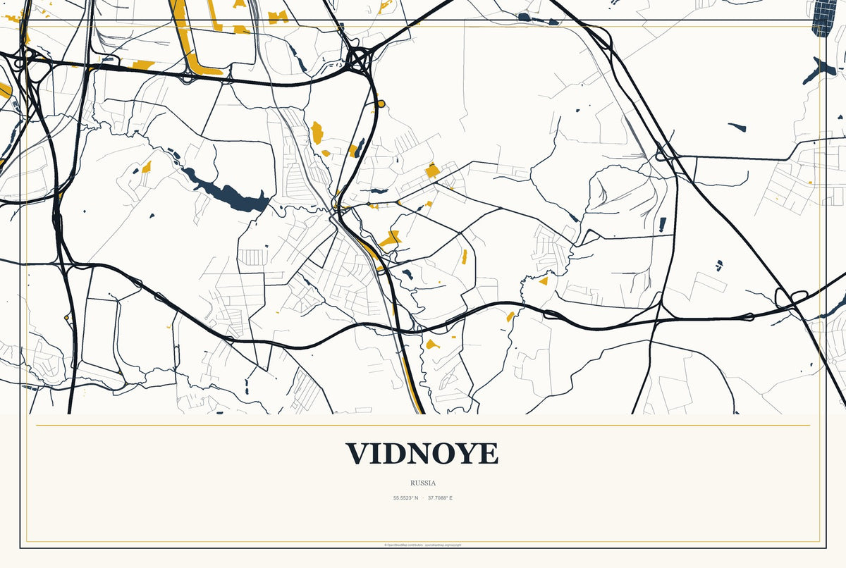 Vidnoye, Russia City Map Aluminum Sign in Citrine Modern style
