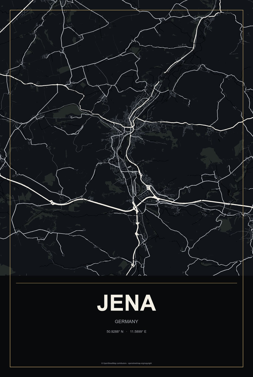 Jena, Germany City Map Aluminum Sign in Metropolitan Noir style