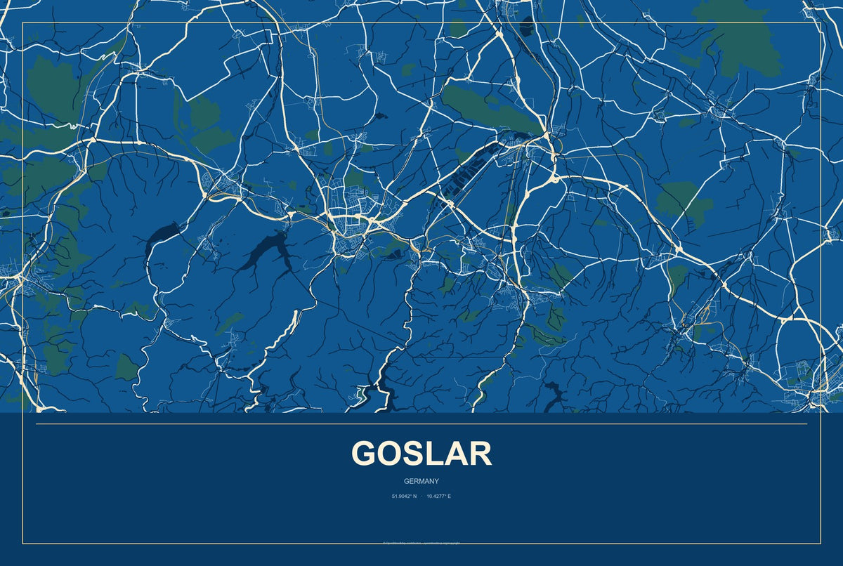 Goslar, Germany City Map Aluminum Sign in Harbor Cobalt style