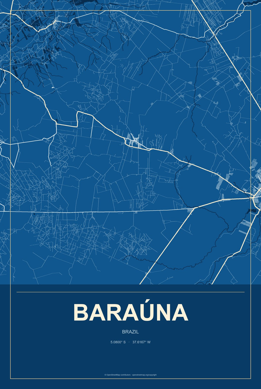Baraúna, Brazil City Map Aluminum Sign in Harbor Cobalt style