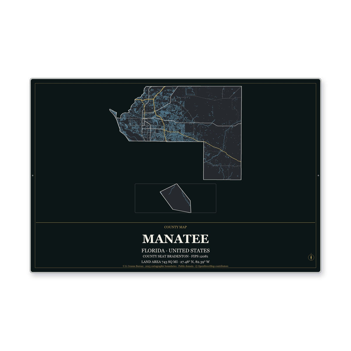 Manatee County, Florida Map Aluminum Sign in Metropolitan Noir style