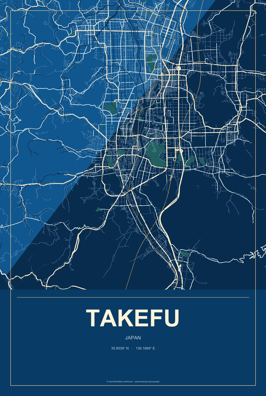 Takefu, Japan City Map Aluminum Sign in Harbor Cobalt style