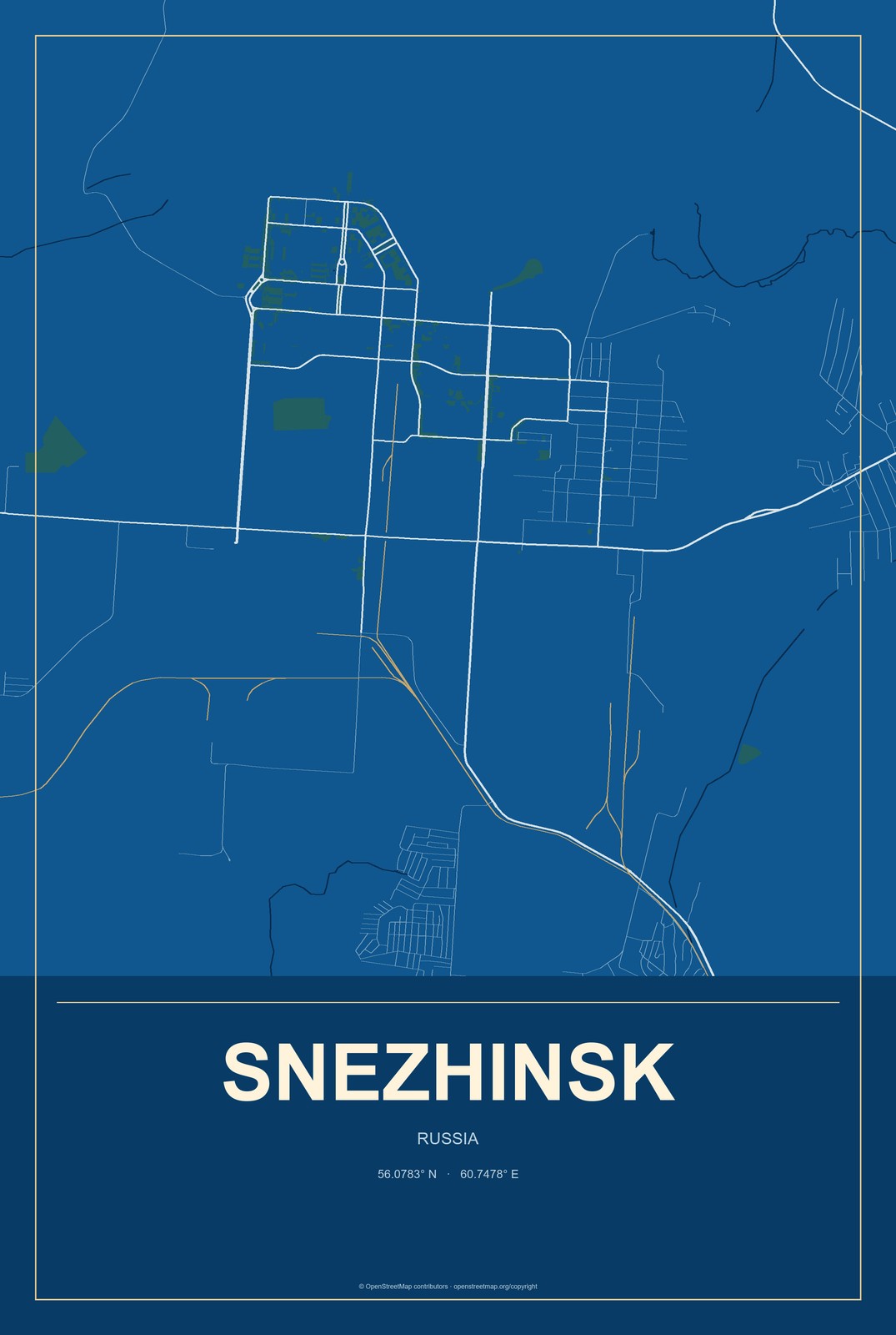 Snezhinsk, Russia City Map Aluminum Sign in Harbor Cobalt style