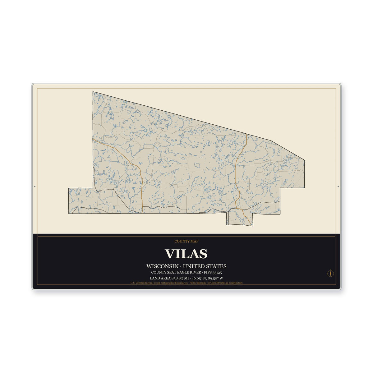 Vilas County, Wisconsin Map Aluminum Sign in Museum Plaque style