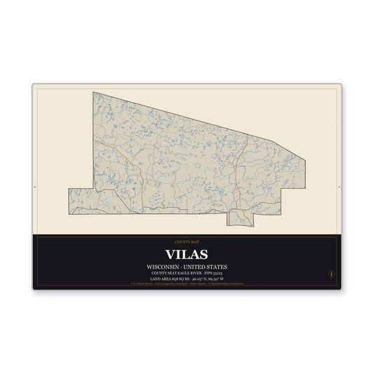 Vilas County, Wisconsin Map Aluminum Sign in Museum Plaque style