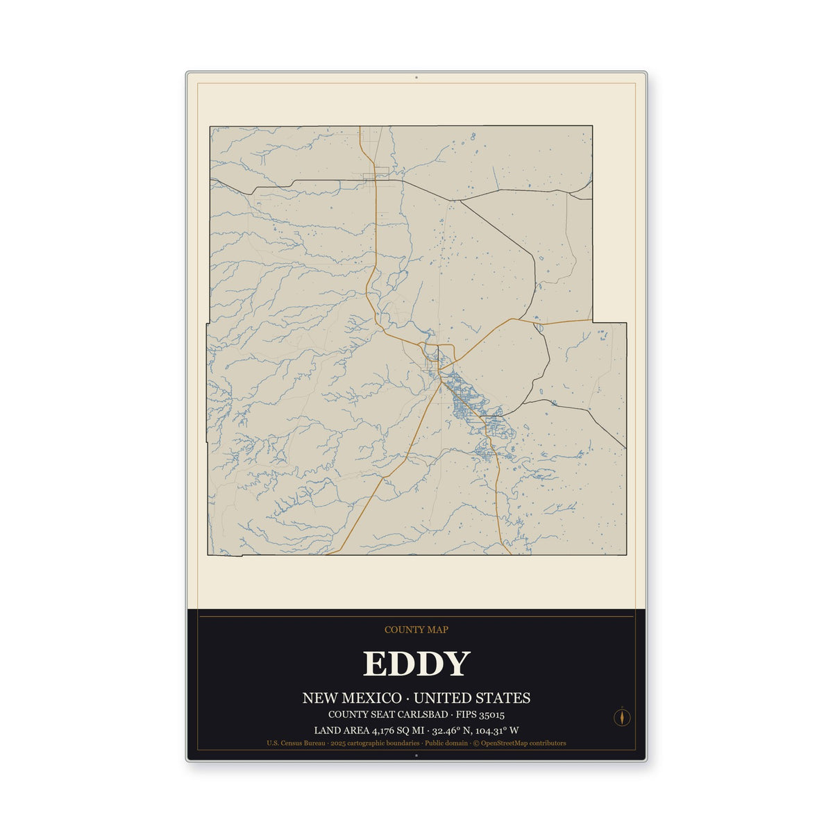 Eddy County, New Mexico Map Aluminum Sign in Museum Plaque style
