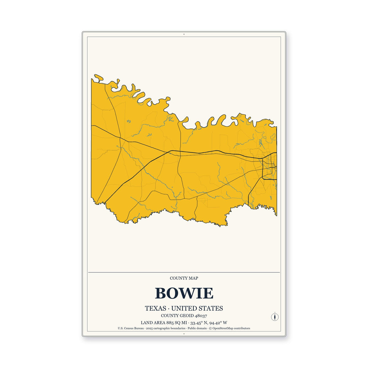 Bowie County, Texas Map Aluminum Sign in Citrine Modern style
