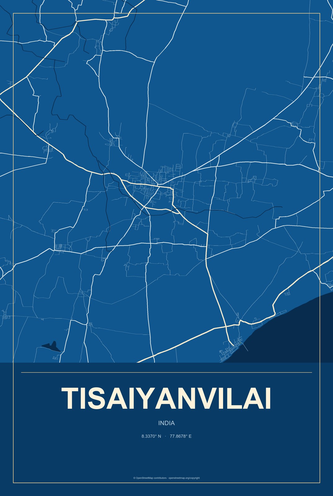 Tisaiyanvilai, India City Map Aluminum Sign in Harbor Cobalt style