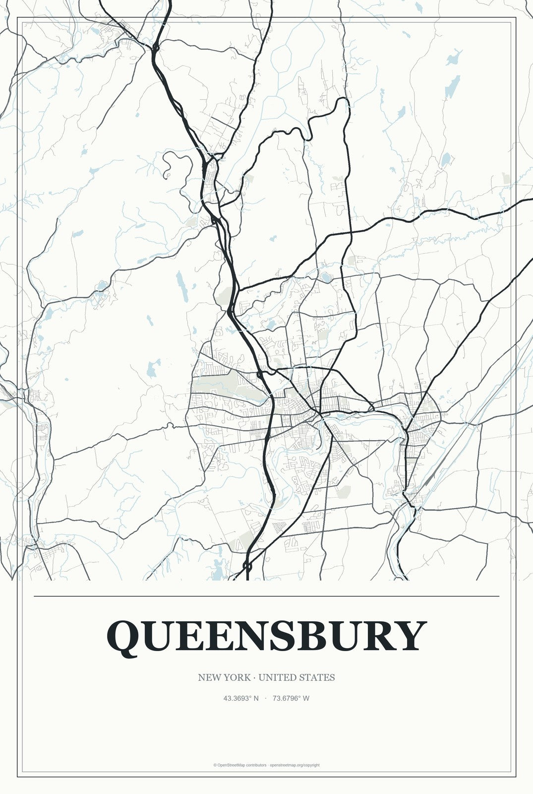 Queensbury, New York City Map Aluminum Sign in Gallery Air style
