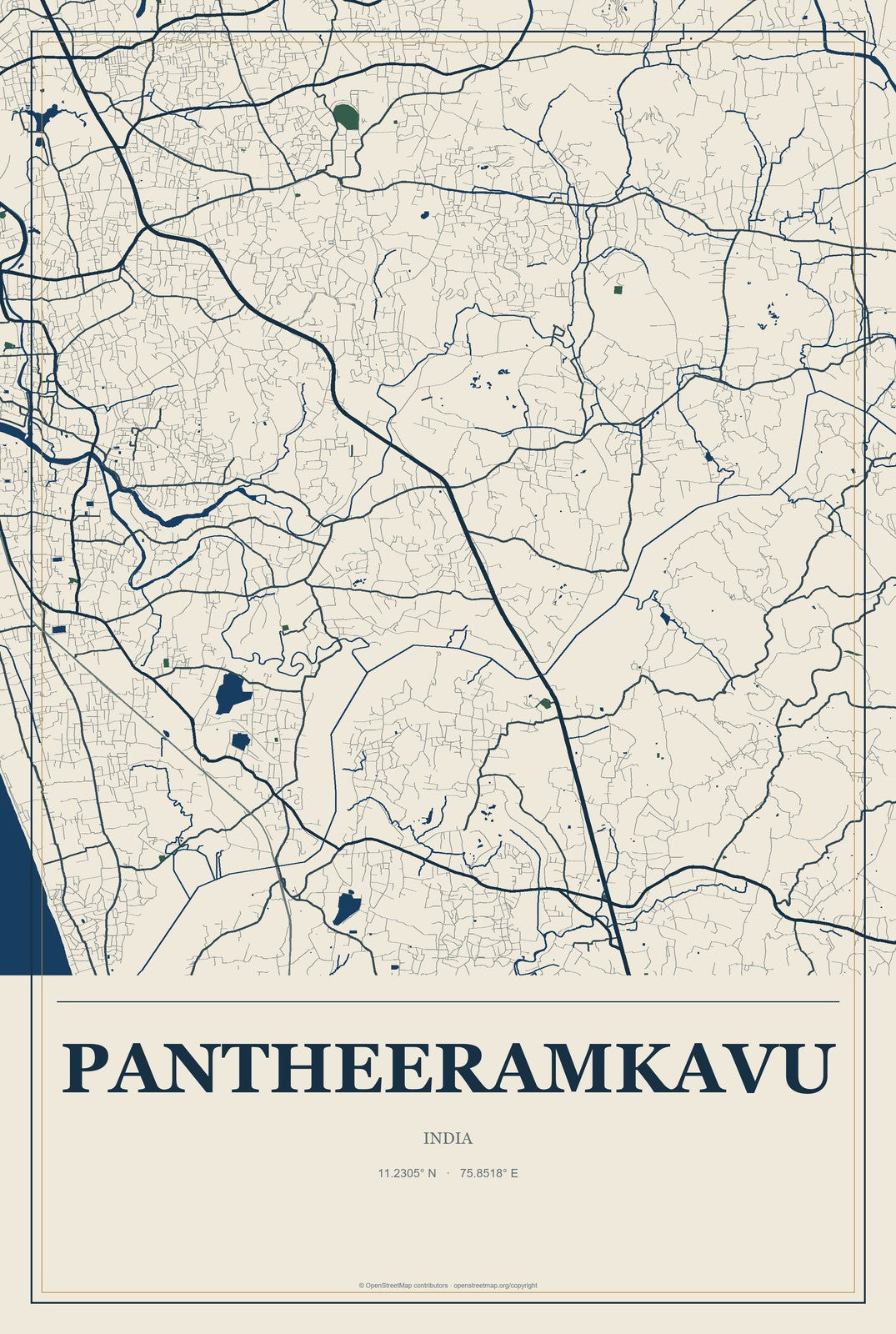 Pantheeramkavu, India City Map Aluminum Sign in Coastal Cutout style