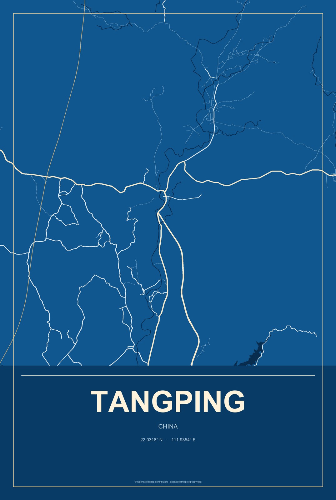 Tangping, China City Map Aluminum Sign in Harbor Cobalt style
